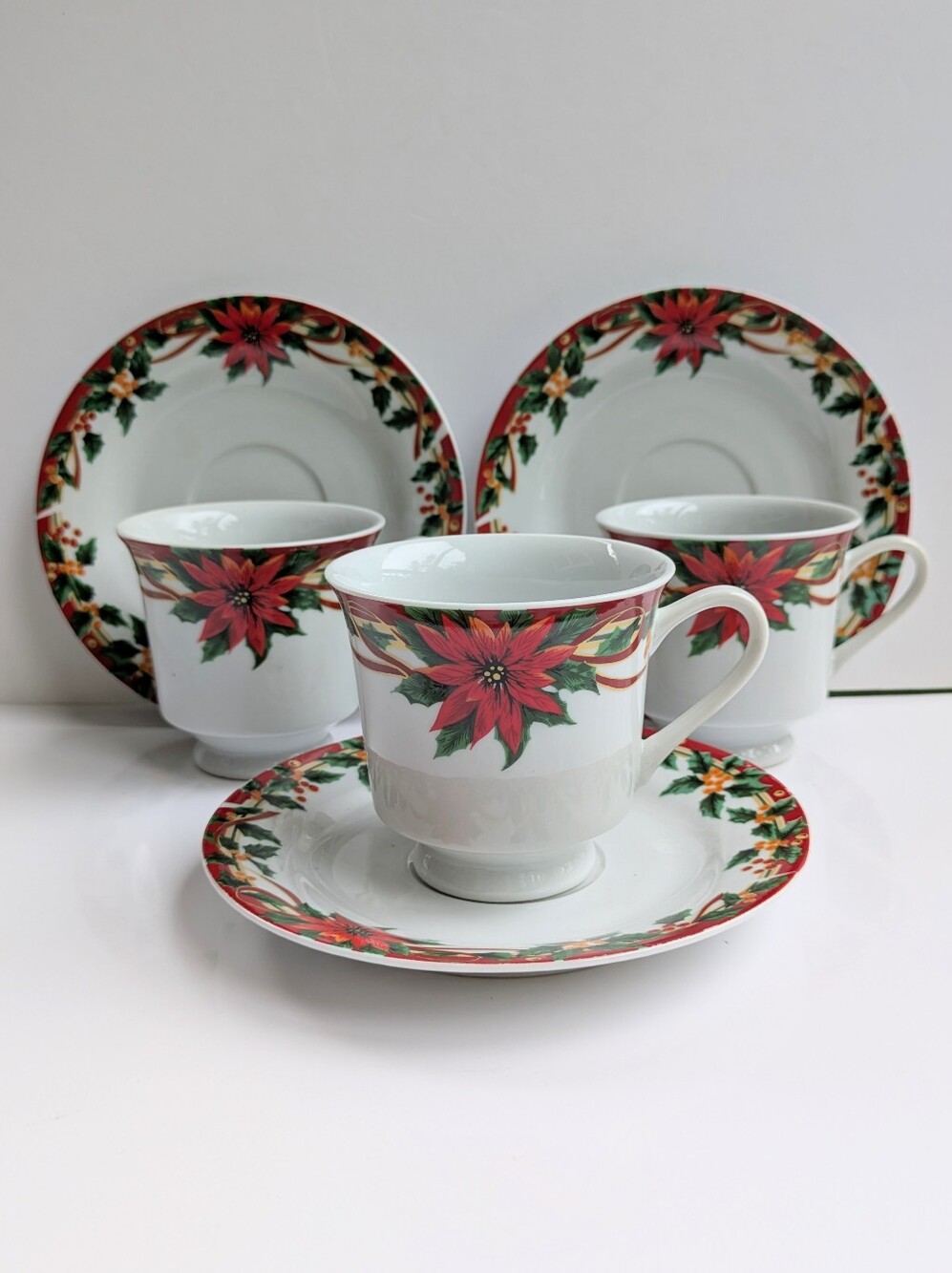 3 Poinsettia Teacup & Saucer Sets Christmas Holiday Ancam Fine Porcelain Festive